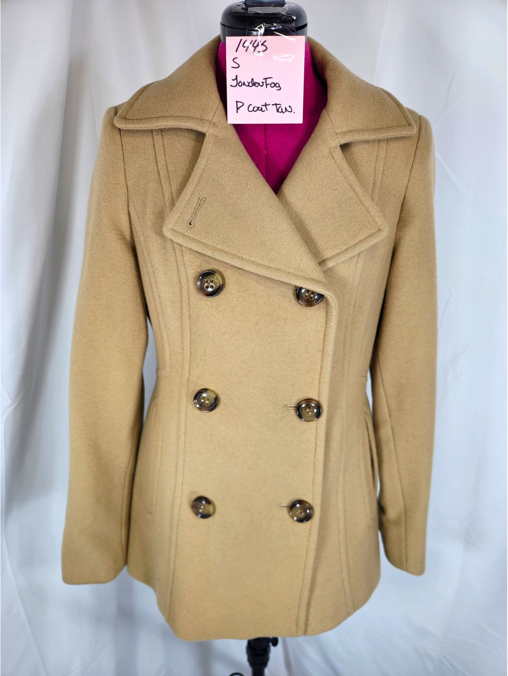 London Fog Tan Camel Double Breasted Wool Blend Pea Coat Women's NWOT